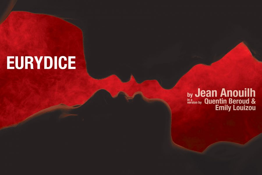 Acting Play poster of Eurydice, written by Jean Anouilh, in a version by Quentin Beroud & Emily Louizou. Two silhouettes of a white man and a black woman about to kiss, the background is an eerie misty red and black smoke.