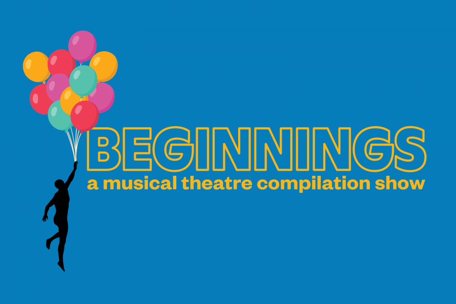 Beginnings - a musical theatre compilation show. Poster shows a blue background, with a silhouette holding onto colourful balloons, floating next to a hollowed out title.